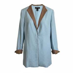 Parisian Signature Lt Blue Linen-Blend Open Front Blazer  Brown Contrast Trim 10